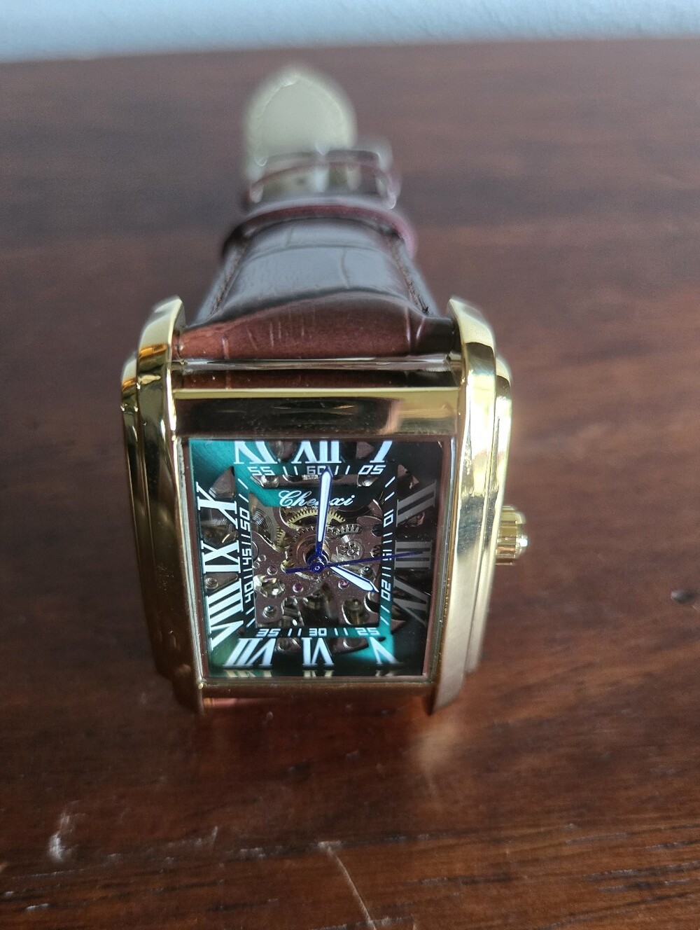 Chairos Gold Tone Skeleton Automatic Watch Brown Leather Strap Roman Numerals